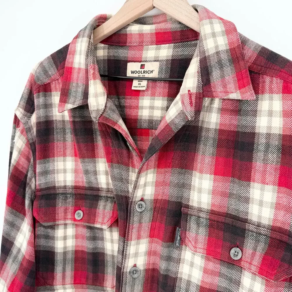 Woolrich Mens XL Flannel Shirt Red Black Plaid Heavy Cotton Elbow Patches FLAWED - Picture 4 of 15